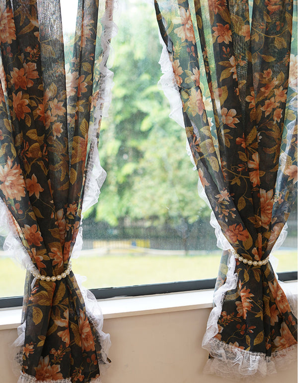 Elegant Vintage Floral Print Curtain with Lace Trim