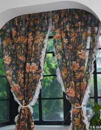 Elegant Vintage Floral Print Curtain with Lace Trim