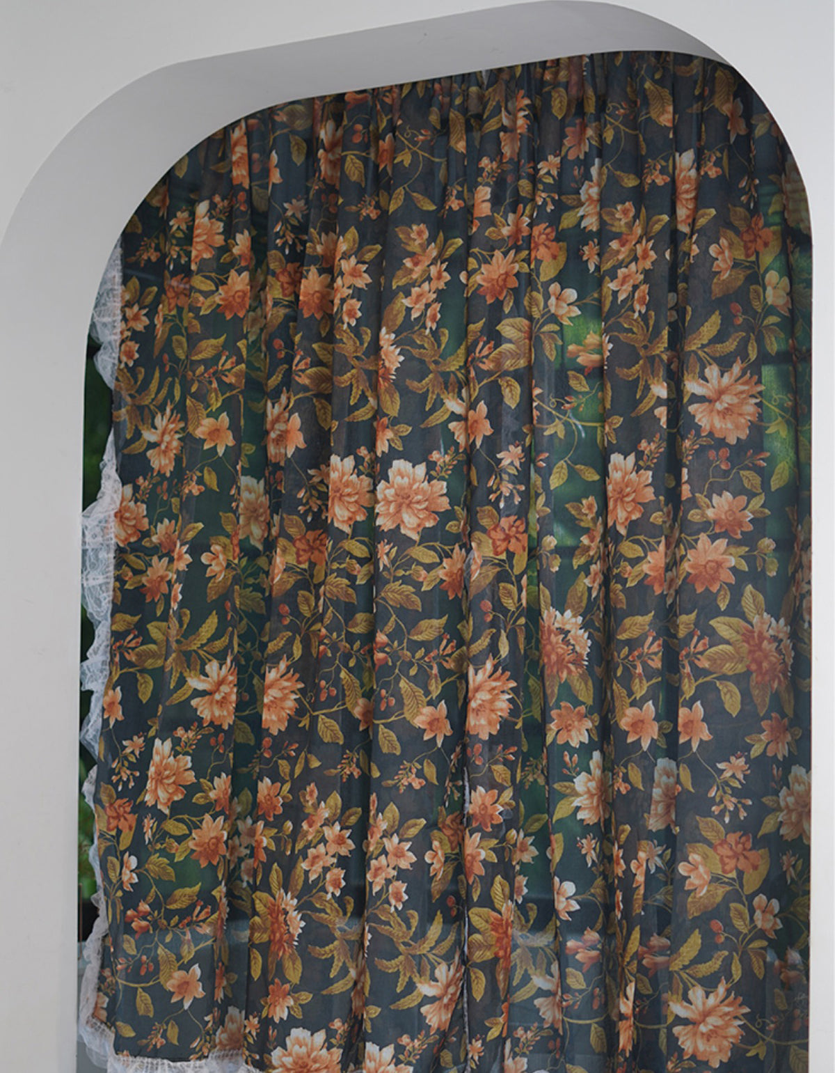 Elegant Vintage Floral Print Curtain with Lace Trim