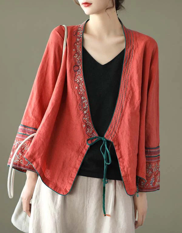 Autumn Embroidered Long-sleeved Linen Hanfu Cardigan