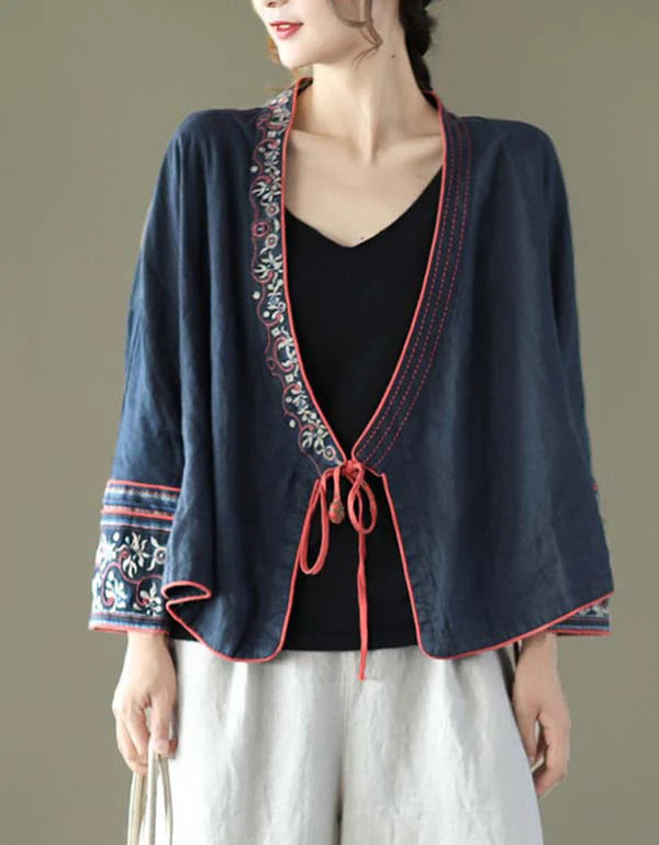 Autumn Embroidered Long-sleeved Linen Hanfu Cardigan