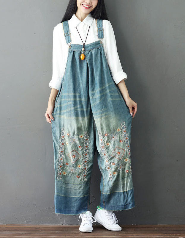 Embroidery Wide Leg Denim Overalls Loose Retro Jumpsuit