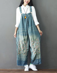 Embroidery Wide Leg Denim Overalls Loose Retro Jumpsuit