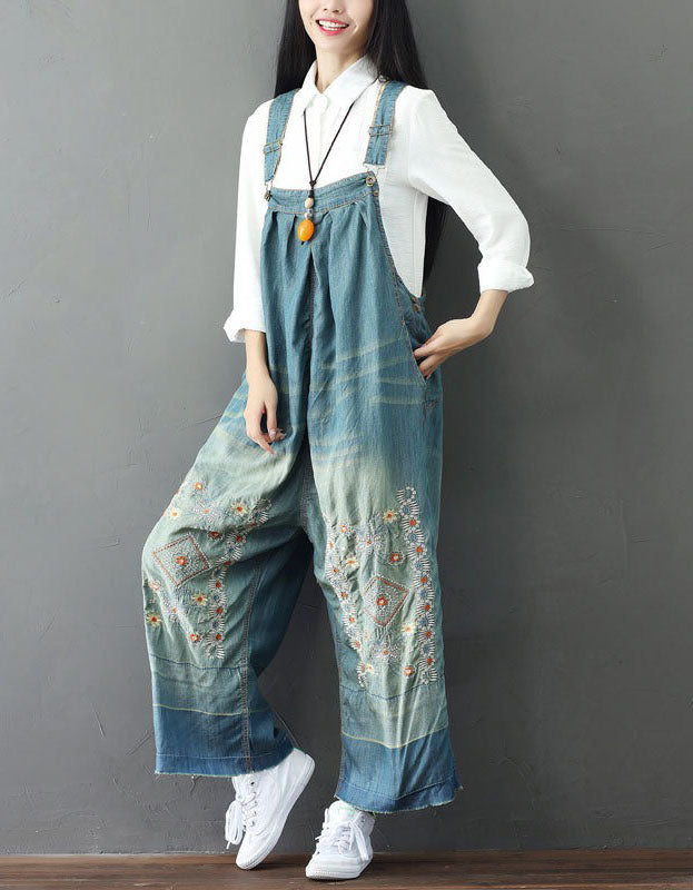 Embroidery Wide Leg Denim Overalls Loose Retro Jumpsuit