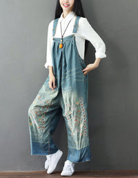 Embroidery Wide Leg Denim Overalls Loose Retro Jumpsuit
