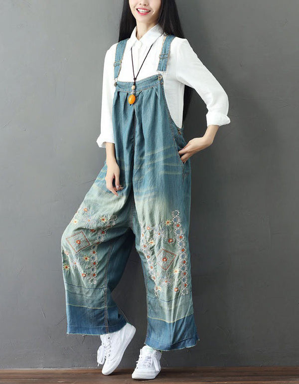Embroidery Wide Leg Denim Overalls Loose Retro Jumpsuit