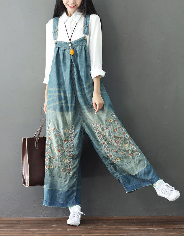 Embroidery Wide Leg Denim Overalls Loose Retro Jumpsuit