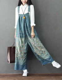 Embroidery Wide Leg Denim Overalls Loose Retro Jumpsuit