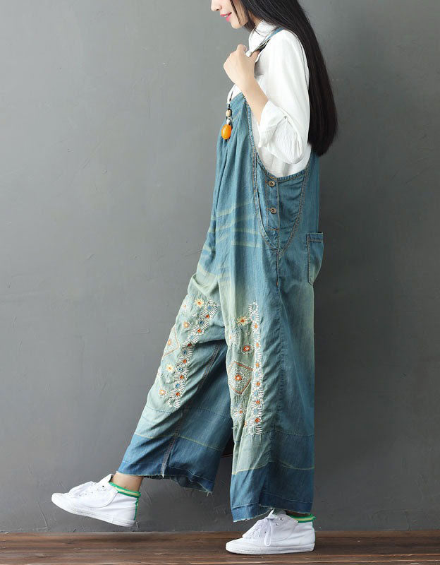 Embroidery Wide Leg Denim Overalls Loose Retro Jumpsuit