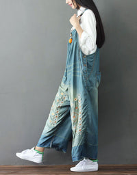 Embroidery Wide Leg Denim Overalls Loose Retro Jumpsuit