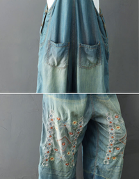 Embroidery Wide Leg Denim Overalls Loose Retro Jumpsuit