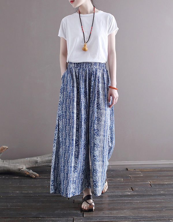 Ethnic-Inspired Loose Fit Wide-Leg Cotton Linen Pants
