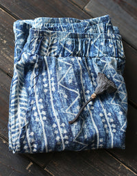 Ethnic-Inspired Loose Fit Wide-Leg Cotton Linen Pants