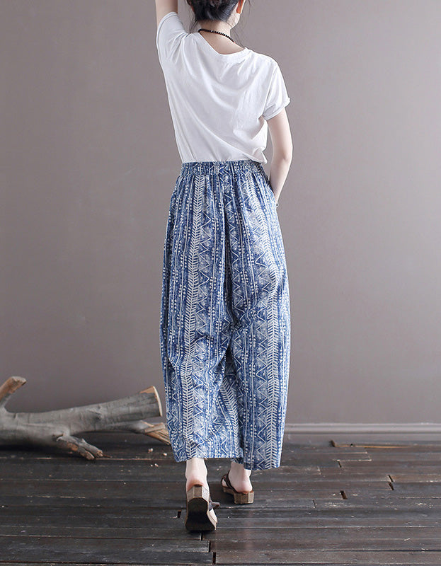 Ethnic-Inspired Loose Fit Wide-Leg Cotton Linen Pants