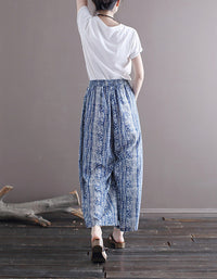 Ethnic-Inspired Loose Fit Wide-Leg Cotton Linen Pants