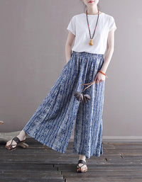 Ethnic-Inspired Loose Fit Wide-Leg Cotton Linen Pants