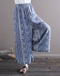 Ethnic-Inspired Loose Fit Wide-Leg Cotton Linen Pants