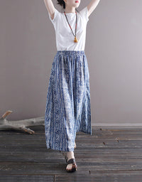 Ethnic-Inspired Loose Fit Wide-Leg Cotton Linen Pants