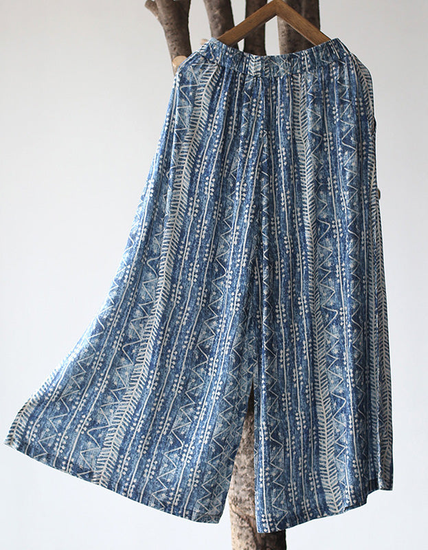 Ethnic-Inspired Loose Fit Wide-Leg Cotton Linen Pants