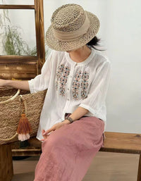 Ethnic Embroidered Button-Up Ramie Linen Shirt