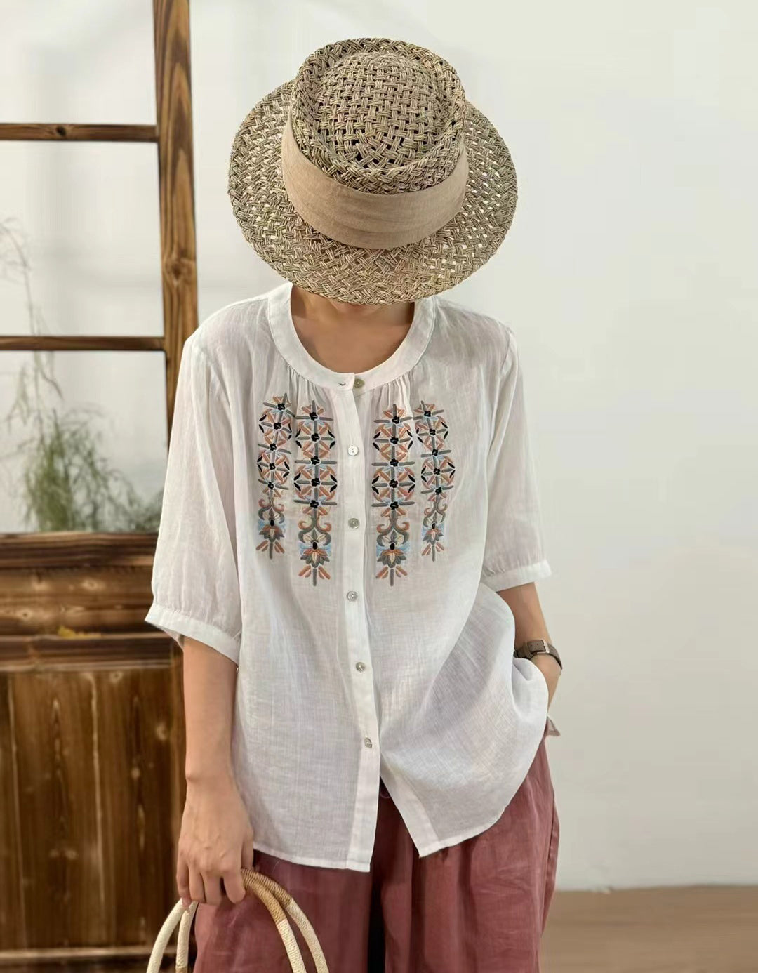 Ethnic Embroidered Button-Up Ramie Linen Shirt