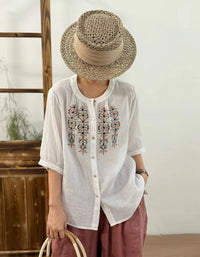 Ethnic Embroidered Button-Up Ramie Linen Shirt