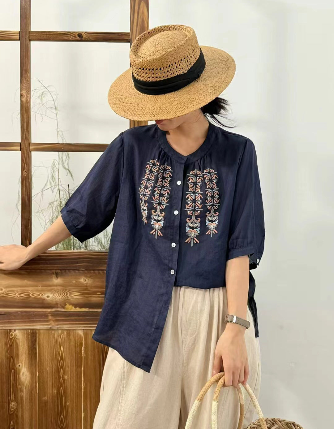 Ethnic Embroidered Button-Up Ramie Linen Shirt