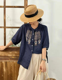 Ethnic Embroidered Button-Up Ramie Linen Shirt
