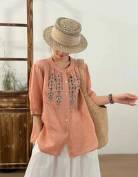 Ethnic Embroidered Button-Up Ramie Linen Shirt