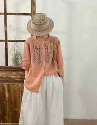 Ethnic Embroidered Button-Up Ramie Linen Shirt