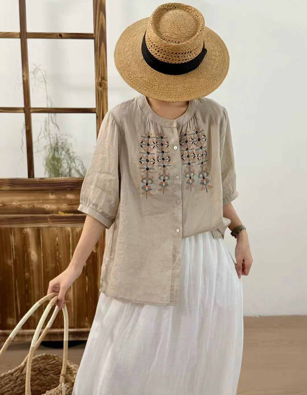 Ethnic Embroidered Button-Up Ramie Linen Shirt