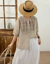 Ethnic Embroidered Button-Up Ramie Linen Shirt