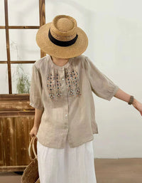 Ethnic Embroidered Button-Up Ramie Linen Shirt