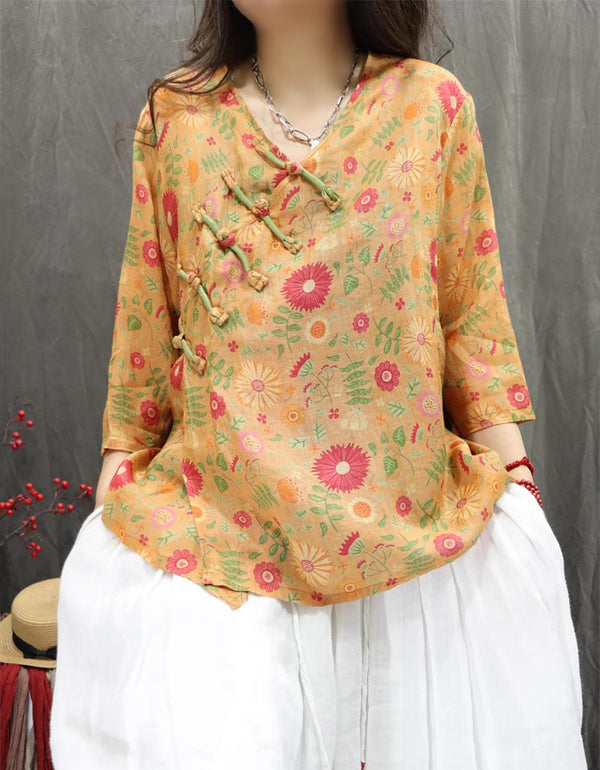 Ethnic Style Loose Fit Knot Button Floral Shirt
