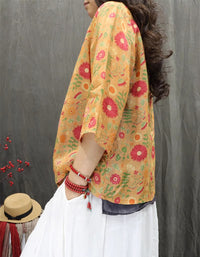 Ethnic Style Loose Fit Knot Button Floral Shirt