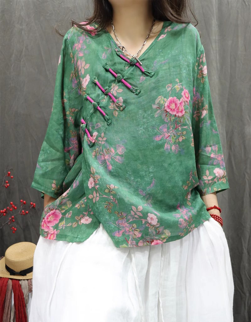 Ethnic Style Loose Fit Knot Button Floral Shirt