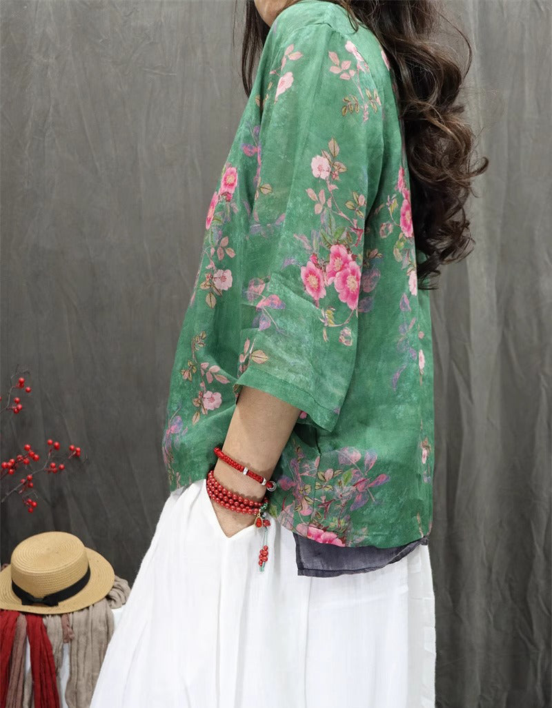 Ethnic Style Loose Fit Knot Button Floral Shirt
