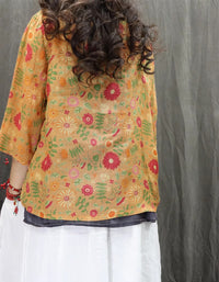 Ethnic Style Loose Fit Knot Button Floral Shirt