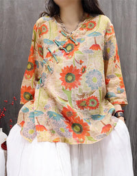 Ethnic Style Loose Fit Knot Button Floral Shirt