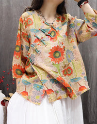 Ethnic Style Loose Fit Knot Button Floral Shirt