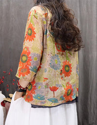 Ethnic Style Loose Fit Knot Button Floral Shirt