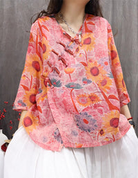 Ethnic Style Loose Fit Knot Button Floral Shirt