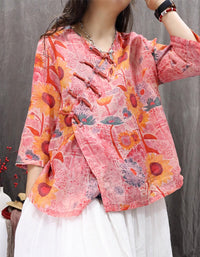 Ethnic Style Loose Fit Knot Button Floral Shirt