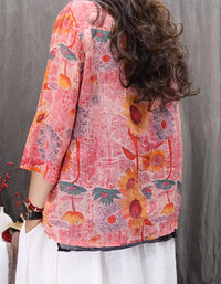 Ethnic Style Loose Fit Knot Button Floral Shirt