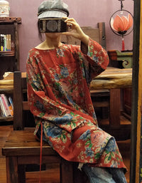 Ethnic Style Side Slit Retro Red Flower Printed Dress Robe