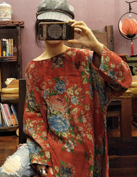 Ethnic Style Side Slit Retro Red Flower Printed Dress Robe