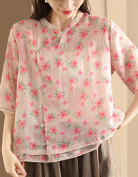 Floral Asymmetrical Button Ramie Linen Hanfu Shirt