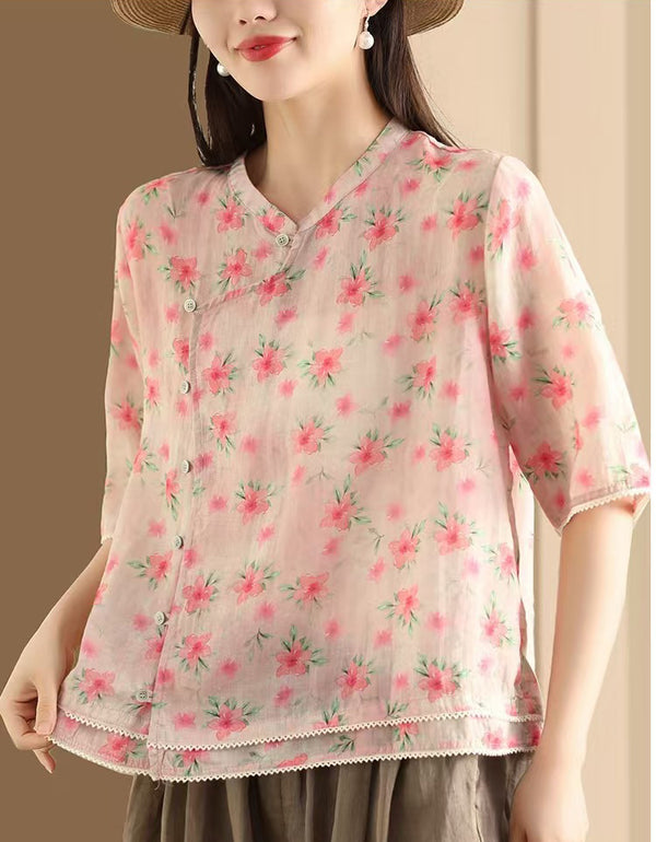 Floral Asymmetrical Button Ramie Linen Hanfu Shirt