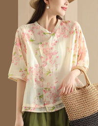 Floral Asymmetrical Button Ramie Linen Hanfu Shirt