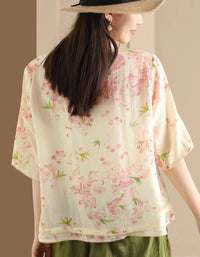 Floral Asymmetrical Button Ramie Linen Hanfu Shirt